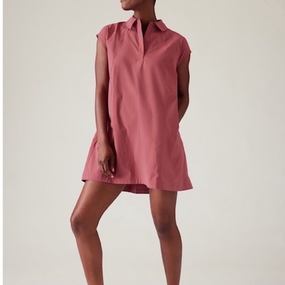 Athleta Performance Poplin Dress Terracotta Red Mini Shift V-Neck Large c5